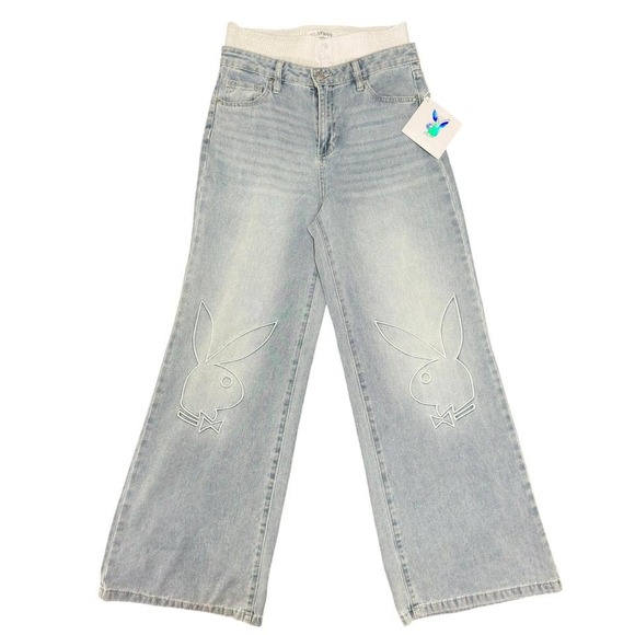 NWT Playboy Women's Light Wash Wide Leg Jeans Bunny Graphic Denim Pants - Picture 1 of 5